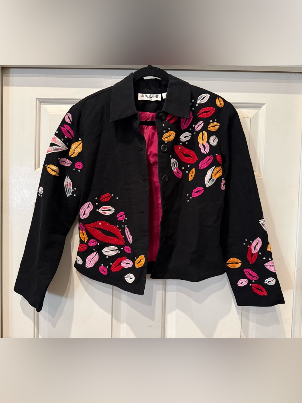 Anage Black Embroidered Lip-Motif Jacket with Pink Lining